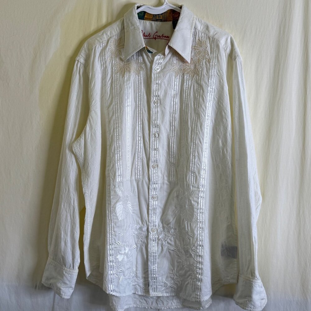 ROBERT GRAHAM Custom Embroidered Luxury Shirt w/ Contrasting Collar/Cuffs Size L